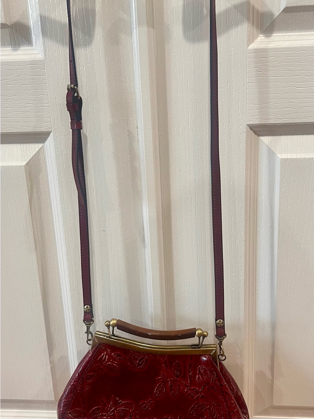 Patricia Nash Red Floral Embossed Leather Satchel with Brass Frame - Picture 2 of 5